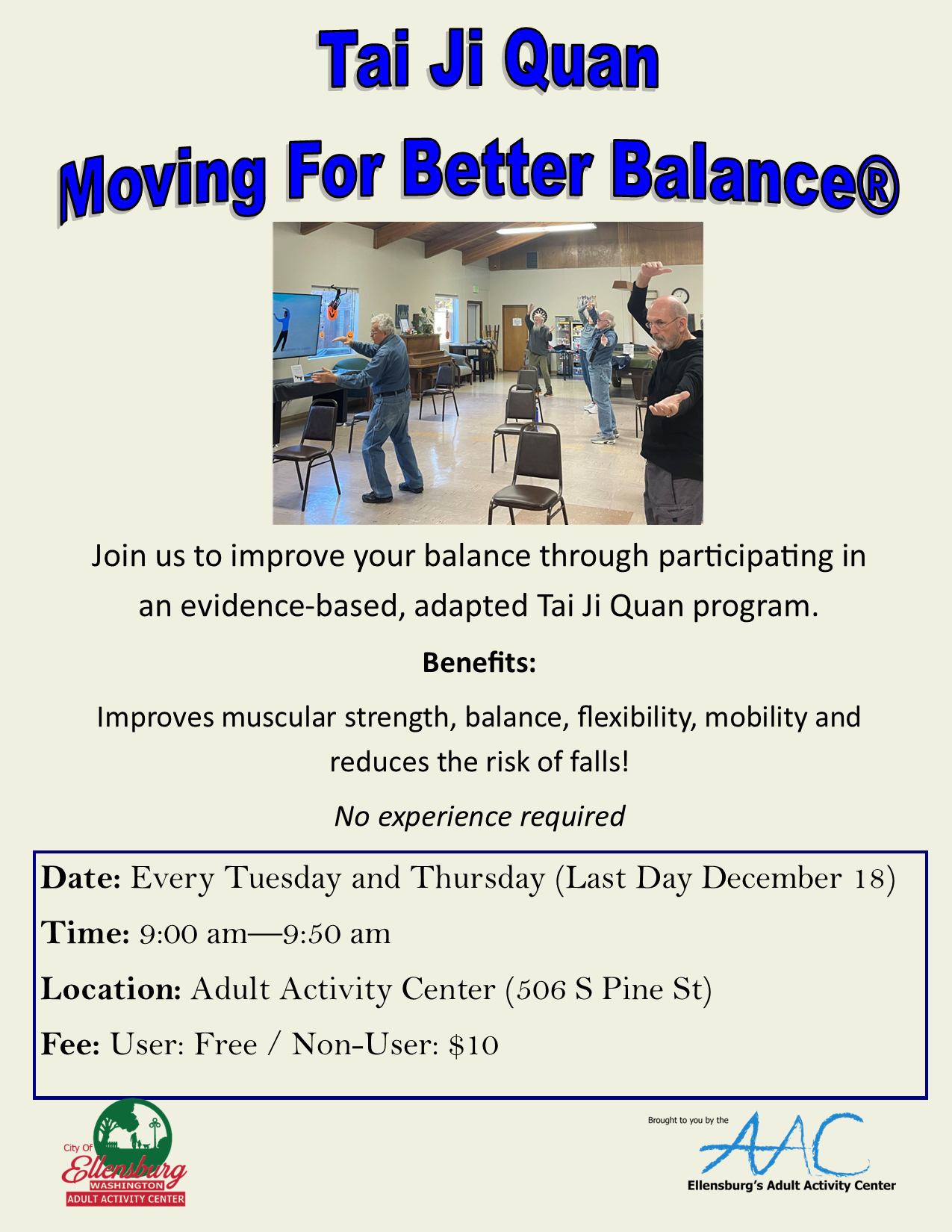 Flyer for a Tai Ji Quan class featuring a photograph of participants and details about the program. 