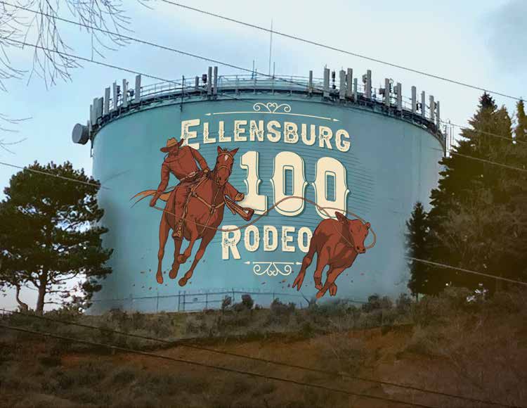 Water tower with Rodeo 100 Years concept design featuring a cowboy on a horse roping a calf